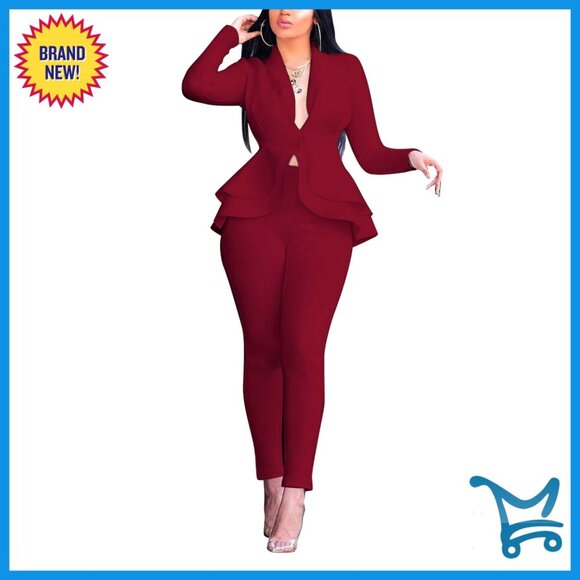 Jackets & Blazers - Women's Deep V Neck Ruffle Blazer Two Piece Suit Set Long Sleeve Pants